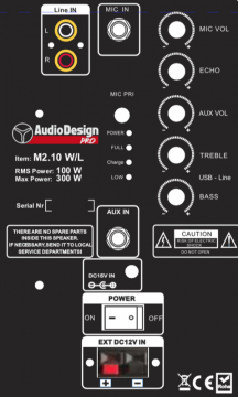 AUDIODESIGNPRO M2 10WL KANNETTAVA AKKUKÄYTTÖINEN AKTIIVIKAIUTIN +KAKSI LANGATONTA MIKKIÄ/USB/BT/SD - Aron Soitin